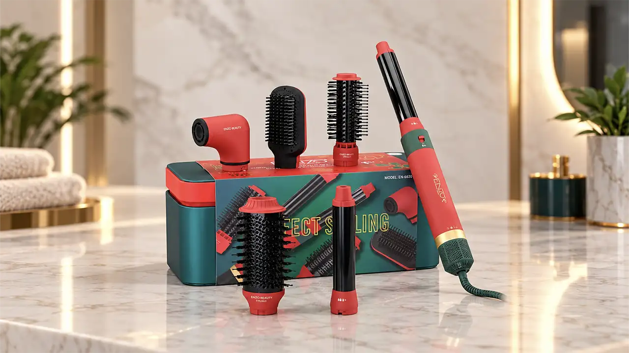 Enzo EN-6222 Perfect Styling 6-in-1 Hot Air Hair Styler - Red and Green