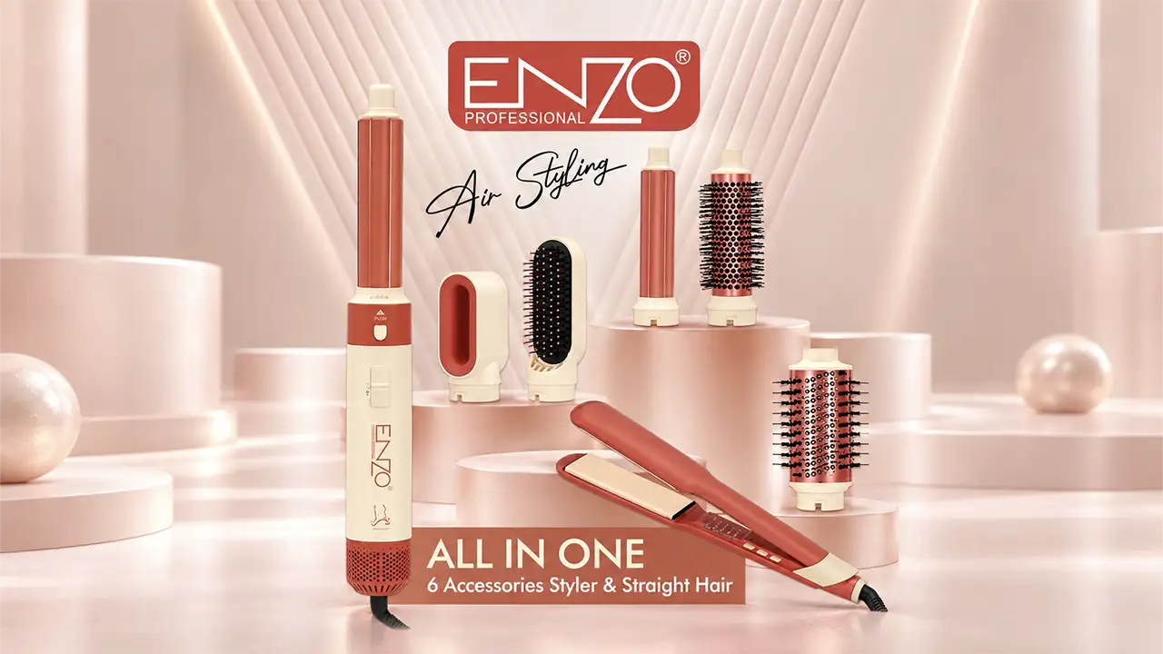 Enzo EN-6601 All-in-One 6-in-1 Hair Styling Kit - 1500W - Coral and Cream