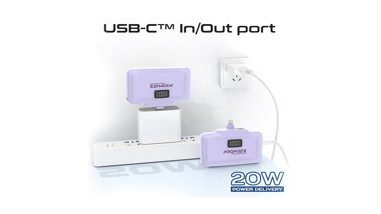 Ultra-Compact Fast Charging Power Bank with Dual folding USB-C and Lightning Connectors